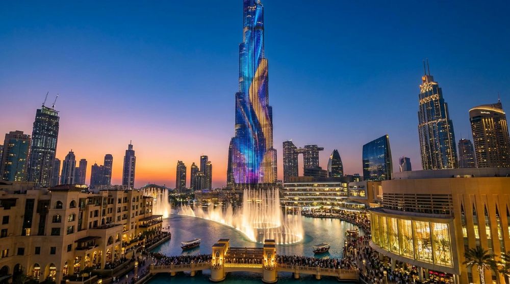 Burj Khalifa tower and Dubai Fountain show at sunset, a top layover stop in Dubai